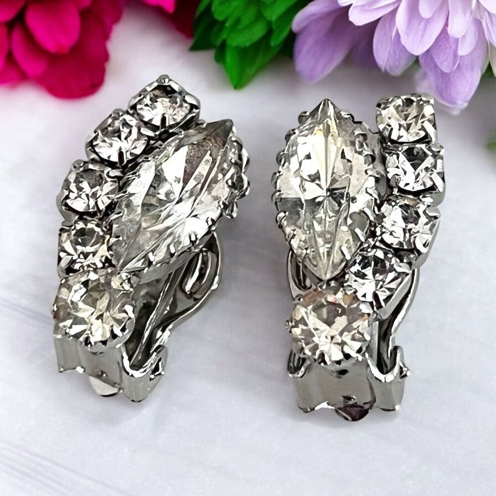 Vintage 1960s Clip On Earrings Rhinestone Navette Cluster Silver Tone - 10Y